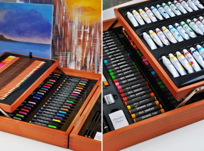 Grote set in houten koffertje voor kleine schilders 174 stuks