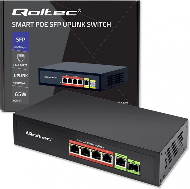 Switch Fast Ethernet PoE met 4x RJ45 PoE, 1x RJ45 Uplink en 1x SFP