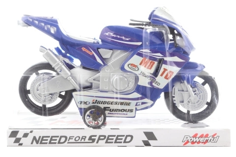 Blauwe plastic motorfiets op traagheidswiel