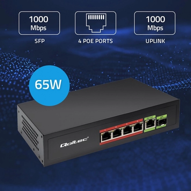 Switch Fast Ethernet PoE met 4x RJ45 PoE, 1x RJ45 Uplink en 1x SFP