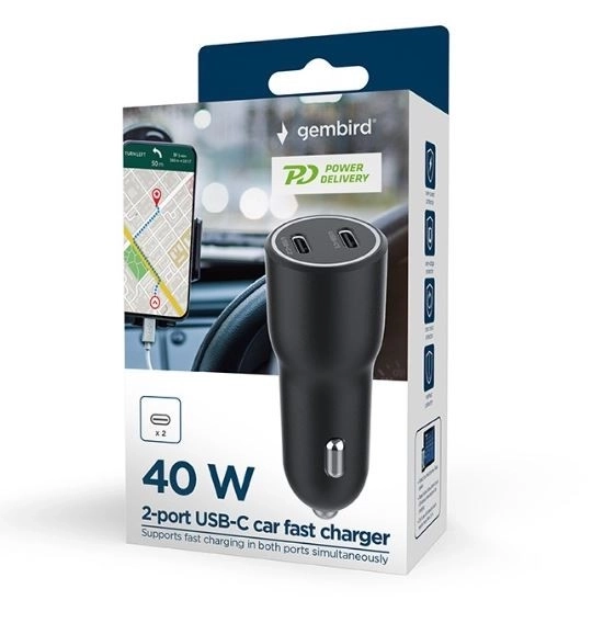 Autolader met 2x USB-C PD 40W zwart