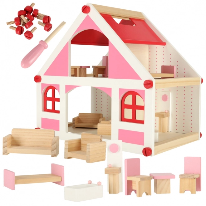 Houten poppenhuis roze Montessori met meubels en accessoires