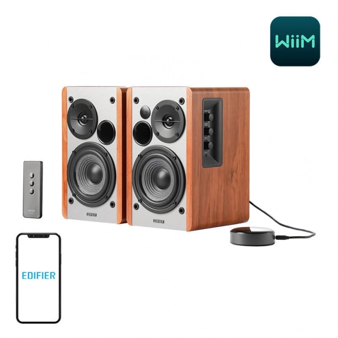 Luidsprekers Edifier R1280T met WiiM Mini in bruine kleur