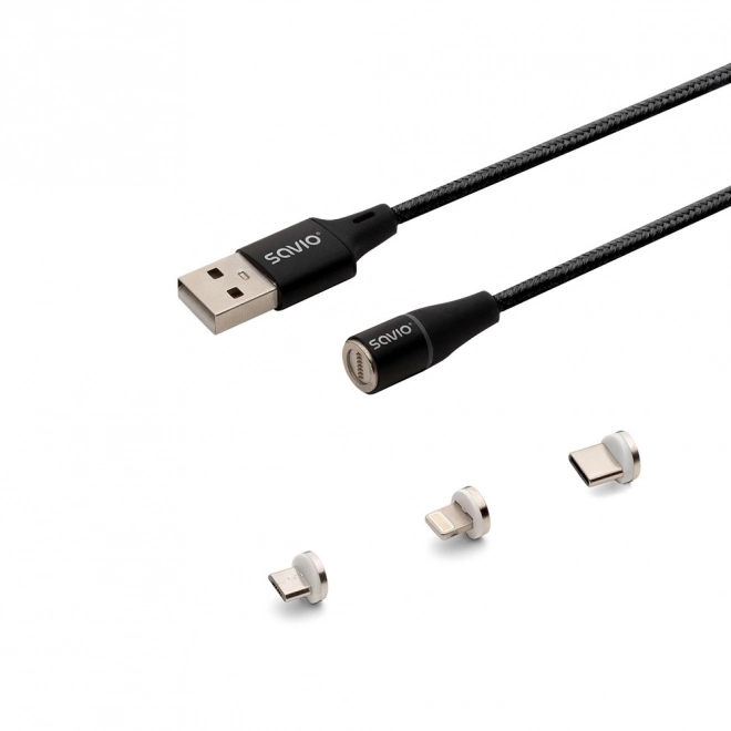 Magnetische USB-kabel Savio 3-in-1 type C, Micro en Lightning, zwart, 1m