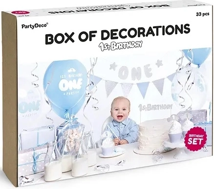 Set verjaardagsdecoraties voor de 1e verjaardag – blauw‑zilver