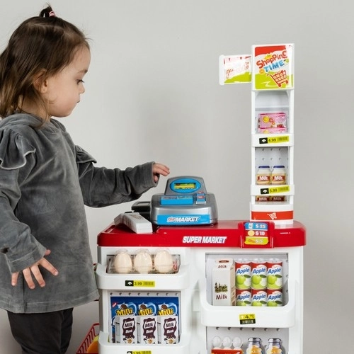 Supermarkt met kassa, winkelmandje en accessoires