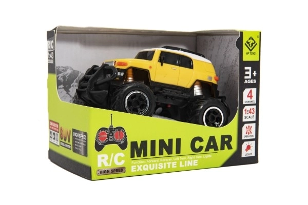 Auto RC mini SUV plastic 14cm 27MHz op afst. best. op batt. met licht. 2 kleuren in doos. 16x12x10