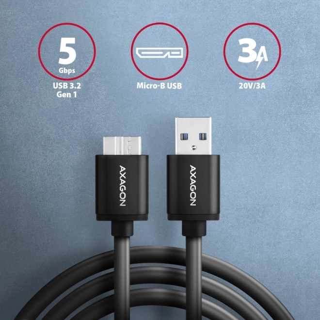 Kabel AXAGON Micro-B USB naar USB-A 3.2 Gen 1, 1m, 3A, ALU, PVC, zwart