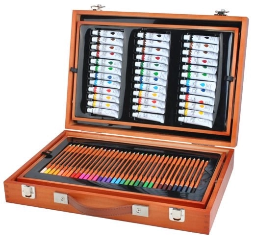 Grote set in houten koffertje voor kleine schilders 174 stuks