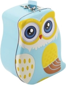 Blikken spaarpot met slot en uilenmotief