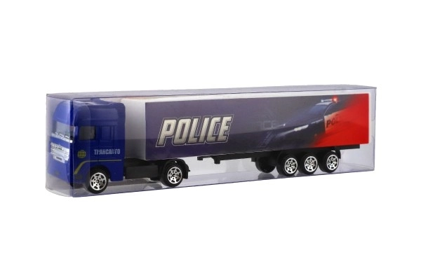 Vrachtwagen met aanhanger metaal/plastic 20cm vrij rollend assortiment in plastic doosje 20x5x3cm