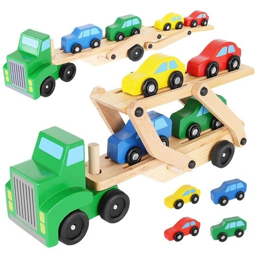 Houten vrachtwagen - aanhanger + set auto's 22698