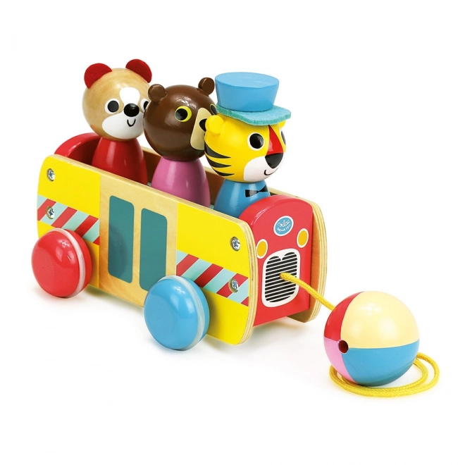 Trekbus met dierfiguren van kleurrijk hout