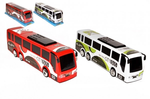 Plastic bus 35cm met vliegwiel, 2 kleuren in blister 10x12x37cm
