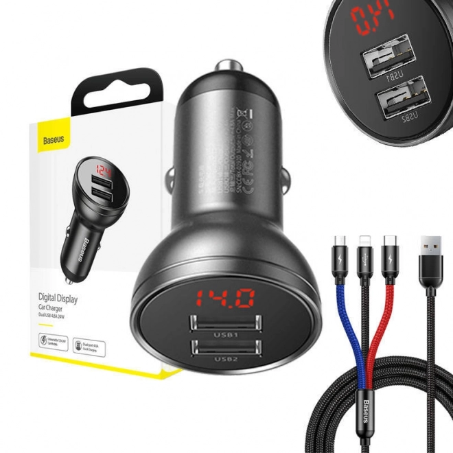 Baseus Autolader met Display en USB 3v1 Kabel 24W