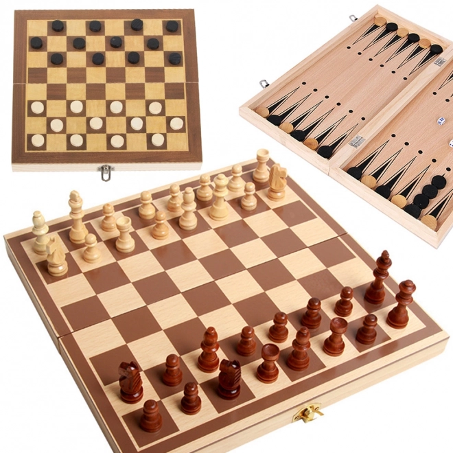Houten spelformule 3-in-1: Schaken, Dammen en Backgammon