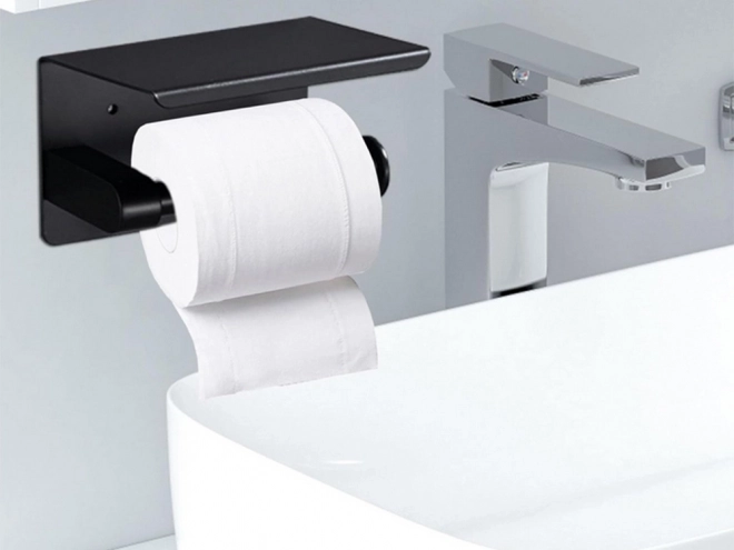 Stalen toiletrolhouder met plankje voor telefoon zwart