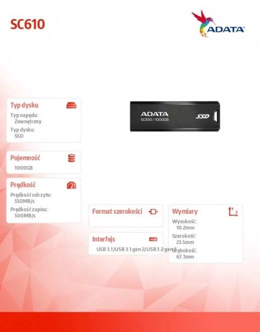 Externe SSD-schijf ADATA SC610 1000GB USB3.2 Gen2 zwart