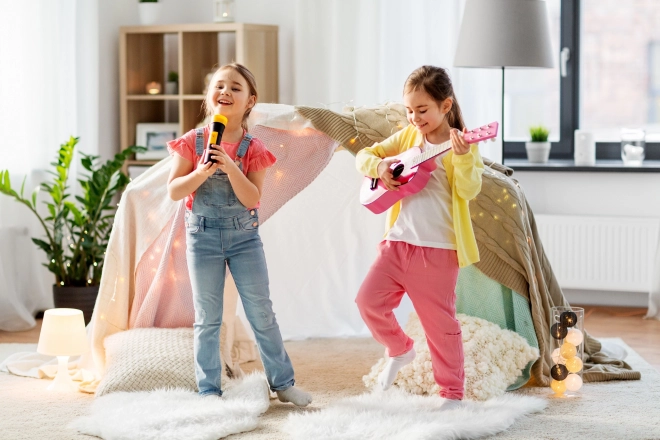 Kinder houten gitaar, metalen snaren, roze ECOTOYS