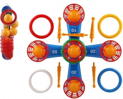 Gooi spel plastic kruis met ringen + mandjes met balletjes in net