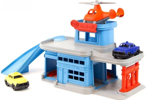 Blauwe parkeergarage met accessoires van Green Toys