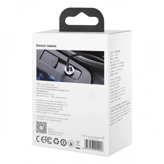 Autolader 2x USB Baseus, 4,8A, wit