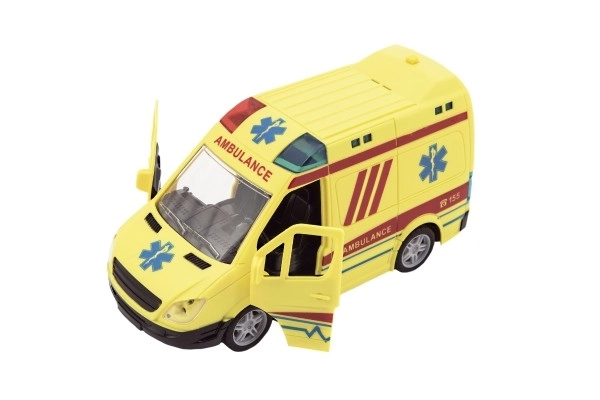 Auto ambulance plastic 20cm op trekveer op batterijen met geluid en licht in doos 26x15x12cm