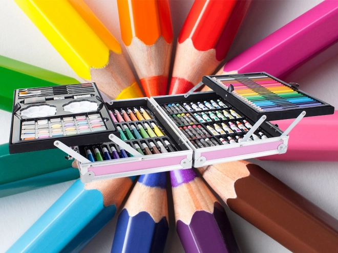 Creatieve roze kunstset 145 stuks in koffer