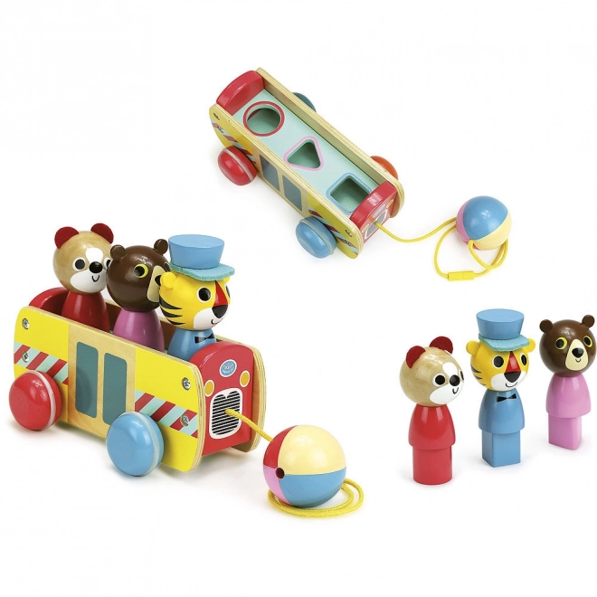 Trekbus met dierfiguren van kleurrijk hout