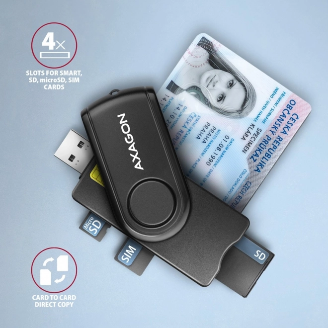Zakkenkaartlezer AXAGON voor ID, SD, microSD en SIM kaarten met USB