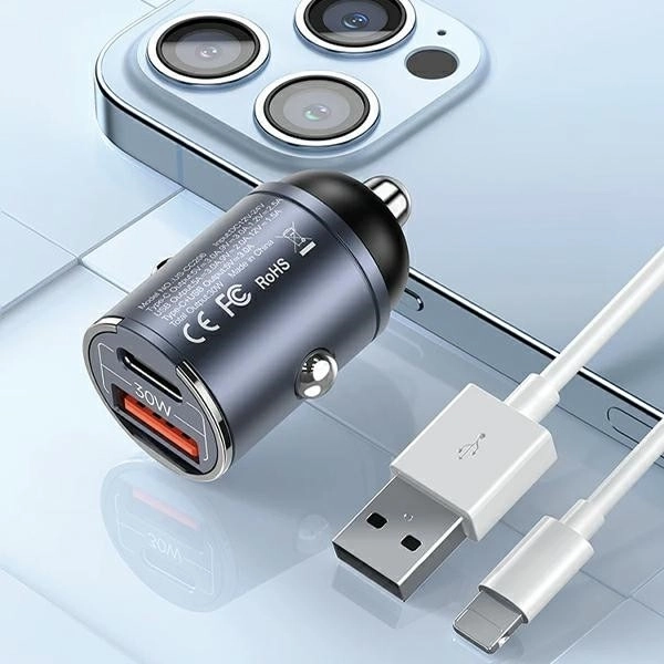Autolader 30W 1xUSB+1xUSB-C Snelladen
