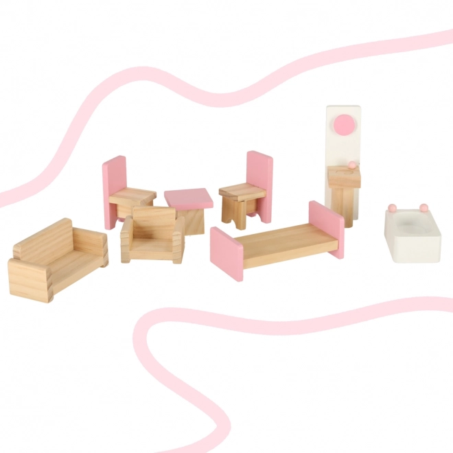 Houten poppenhuis roze Montessori met meubels en accessoires