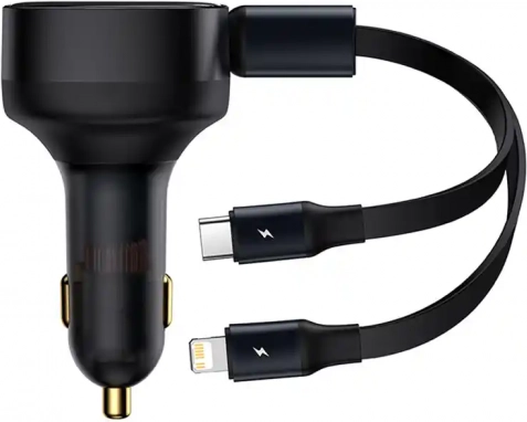 Autolader Baseus Enjoyment met geïntegreerde USB‑C- en Lightning‑kabels, 30 W