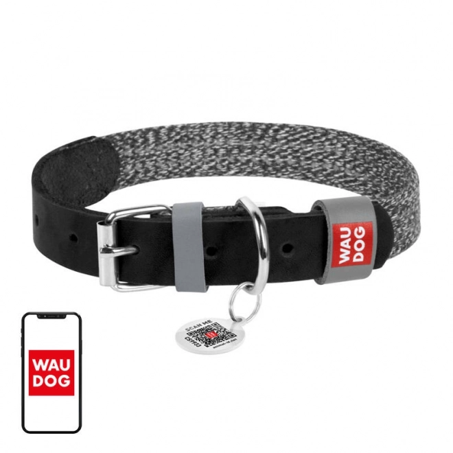 Halsband voor hond van natuurlijk leer met QR-code Waudog