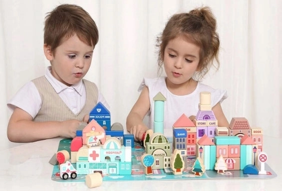 Houten educatieve blokken stad met basis 115 stuks ECOTOYS