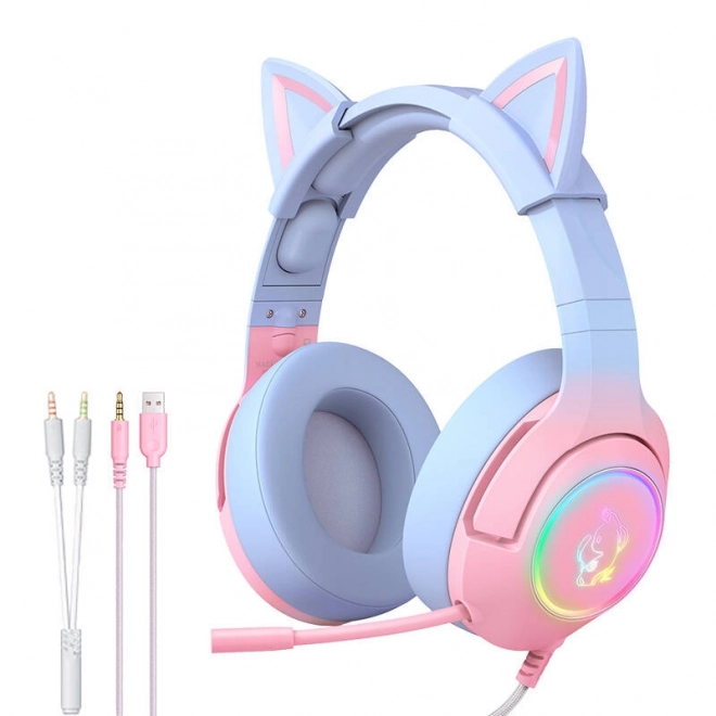 Game-hoofdtelefoon roze-blauw met kattenoortjes
