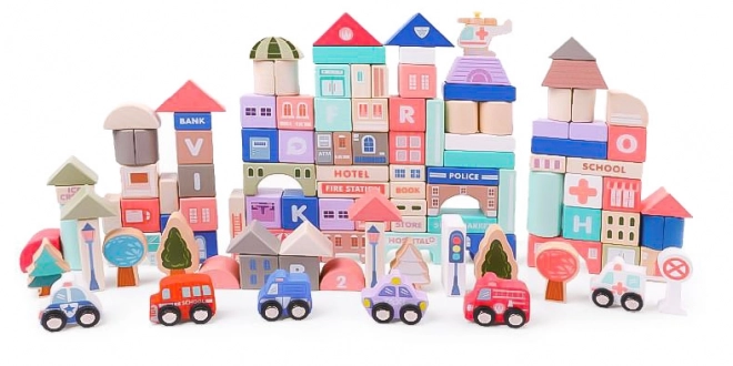 Houten educatieve blokken stad met basis 115 stuks ECOTOYS