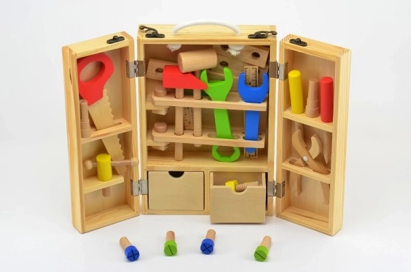 Houten gereedschap voor kinderen in koffer - 30 stuks