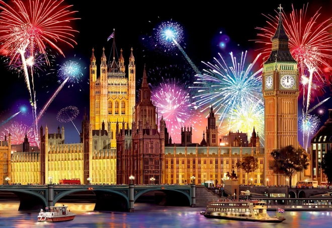 Houten puzzel Londen 's nachts met vuurwerk