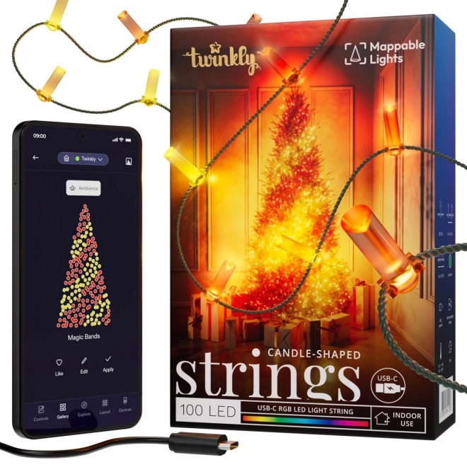 Slimme decoratieve lichtsnoeren USB-C (Candies) 100 LED RGB, kaarsen, groene kabel, 6 m