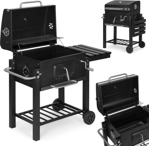 grote tuinbarbecue op houtskool met deksel, thermometer en legplanken