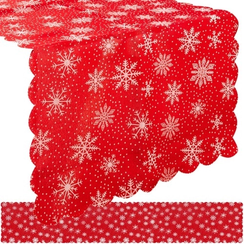 Lange rode kersttafelrunner met witte sneeuwvlokken 220 x 35 cm
