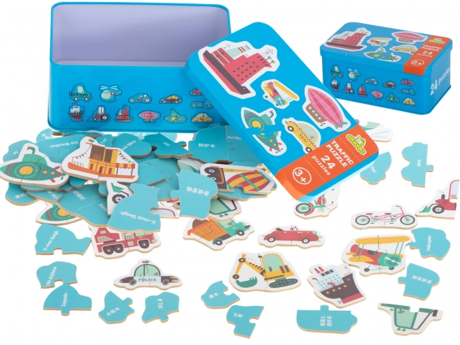 Puzzel met vervoermiddelen in een blikje