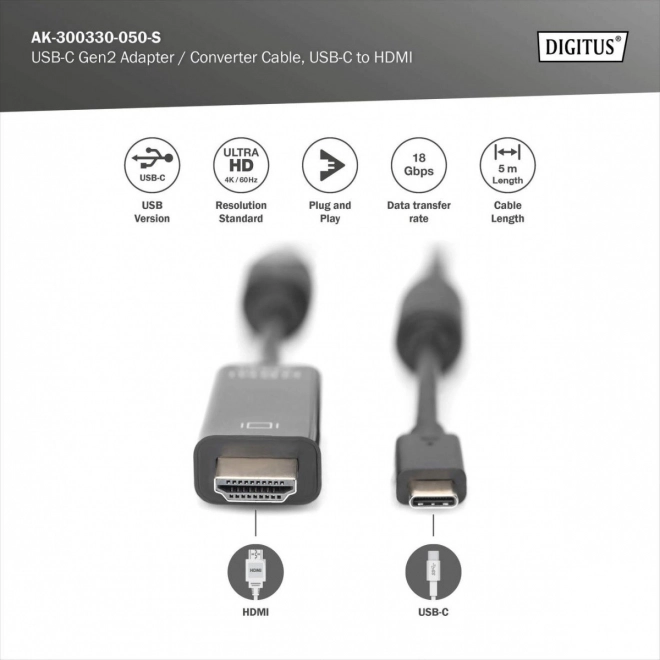 USB Type-C naar HDMI-kabel voor videotransmissie 4K/60Hz 5m zwart