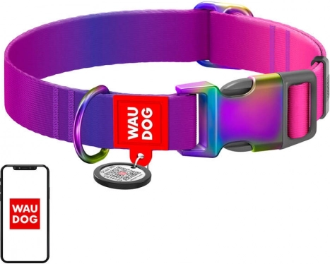 Nylon halsband voor honden met QR-code WAU DOG gradient, paars, maat L