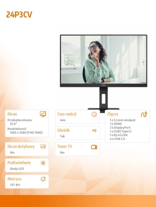 Monitor AOC 24P3CV 23,8" IPS met HDMI, DP, USB-C en Pivot