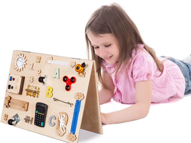Dubbelzijdige houten manipulatieve sensorische plank