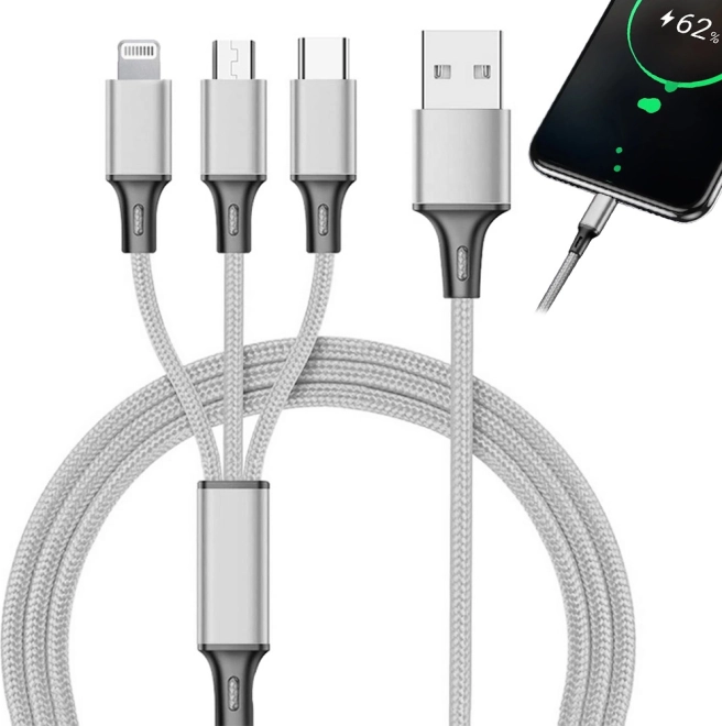 Universele 3‑in‑1 oplaadkabel met Lightning-, Micro‑USB- en USB‑C‑connectoren 1,2 m – Zilver