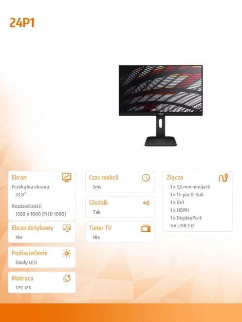 Monitor AOC 24P1 IPS met DVI, DP, HDMI, Pivot, Luidsprekers