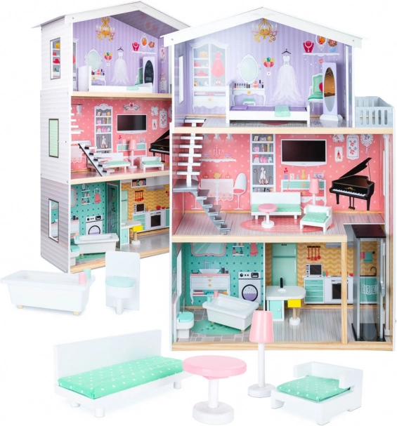 Houten poppenhuis in pasteltinten met meubels